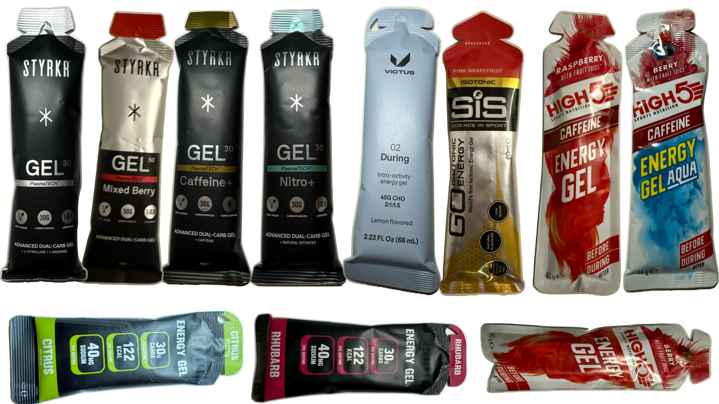 running gels for training, endurance, sis, styrkr, active roots, Victus, premium, running fuel, caffeine gels, high 5 gels, all spread out