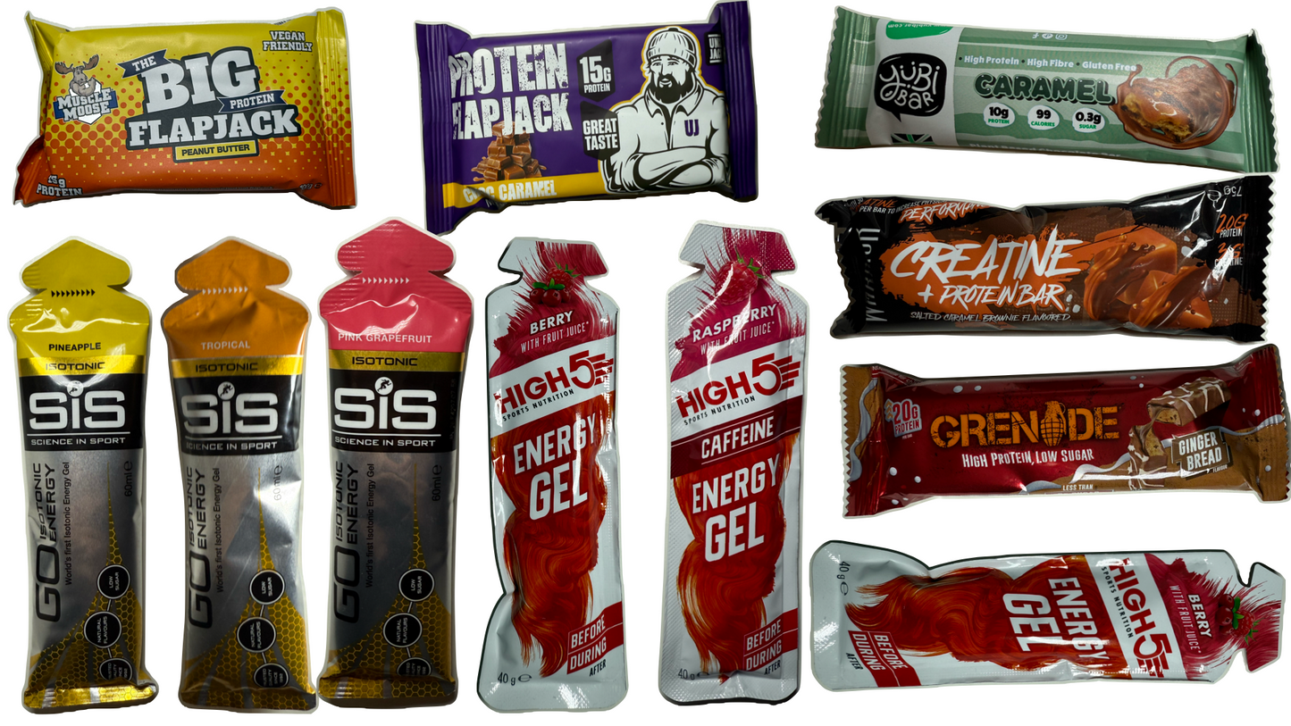 protein and gel products with energy running gels, and high protein snacks, muscle moose, uncle jack flapjack, SIS, High 5, yubi bar, Grenade protein bars, Warrior creatine bars, High 5 caffeine gels and high 5 energy, products spread out
