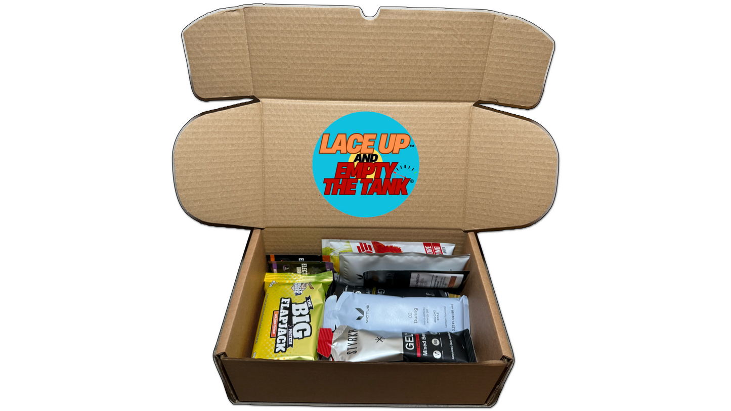 premium running box with training gels, and high protein snacks, muscle moose, uncle jack flapjack, Victus 02,victus 03, styrkr, High 5, active root electrolytes, High 5 caffeine gels and high 5 energy, products packaged away