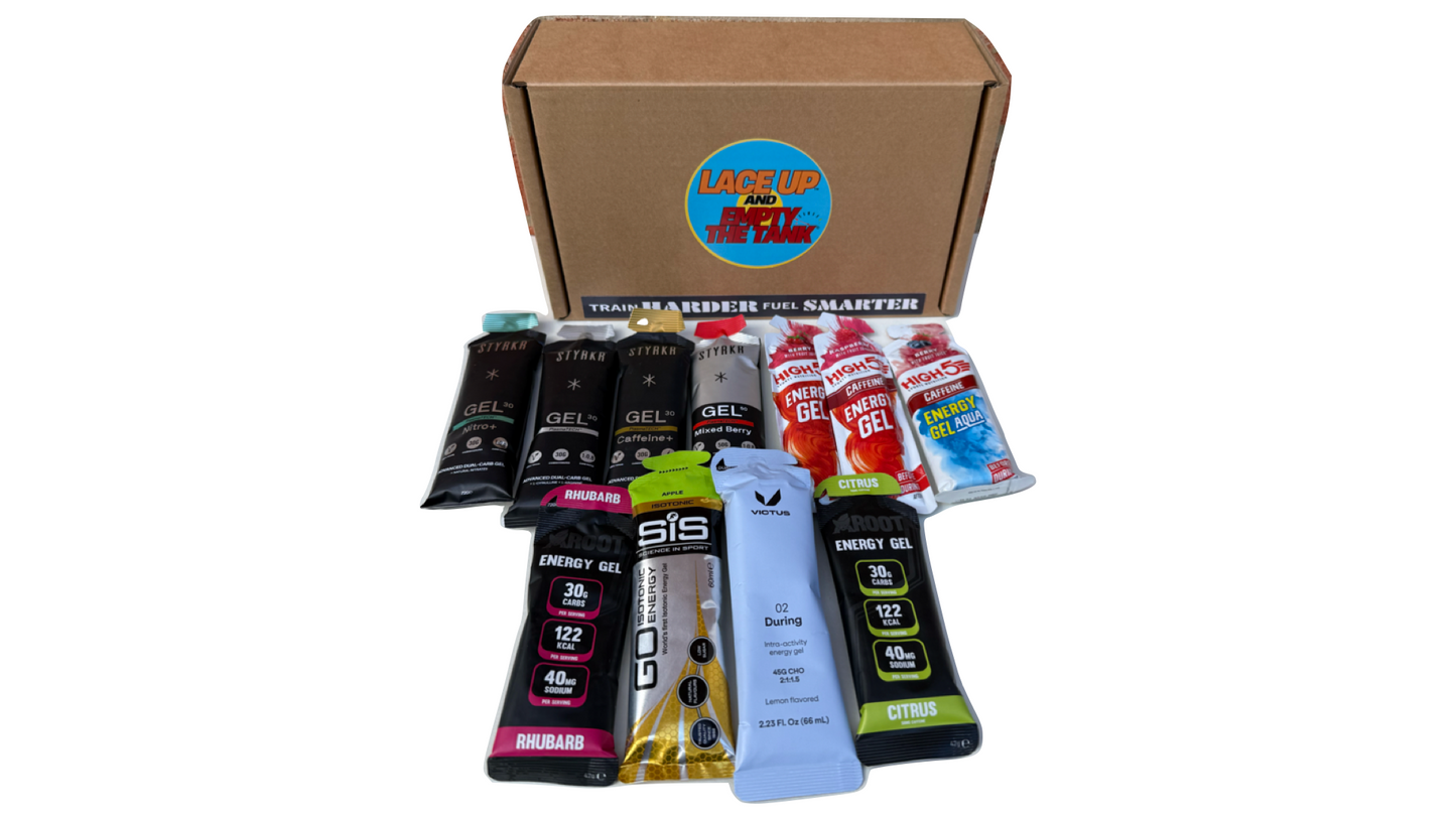 running gels for training, endurance, sis, styrkr, active roots, Victus, premium, running fuel, caffeine gels, high 5 gels, all in a display box