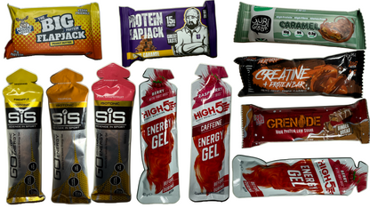 protein and gel products with energy running gels, and high protein snacks, muscle moose, uncle jack flapjack, SIS, High 5, yubi bar, Grenade protein bars, Warrior creatine bars, High 5 caffeine gels and high 5 energy, products spread out